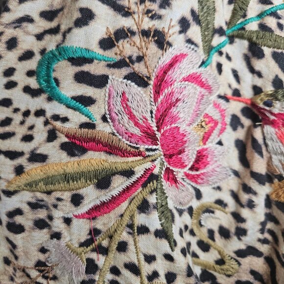Johnny Was Linen Woman Leopard Floral Mini Dress 1X Boho Luxe Statement Embroide - Picture 5 of 13